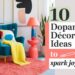A colorful room features a teal armchair with a yellow throw, a turquoise table, and a pink side table with a red lamp. Wall art, plants, and bold patterns surround the text: 10 Dopamine Décor Ideas to Spark Joy with playful graphics.