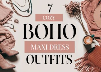 Flat lay of boho fashion items, including a hat, boots, necklaces, and a fringed bag surrounding the text 7 Cozy Boho Maxi Dress Outfits. A latte and dried flowers complete this cozy maxi dress scene.