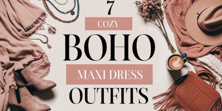 Flat lay of boho fashion items, including a hat, boots, necklaces, and a fringed bag surrounding the text 7 Cozy Boho Maxi Dress Outfits. A latte and dried flowers complete this cozy maxi dress scene.