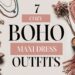 Flat lay of boho fashion items, including a hat, boots, necklaces, and a fringed bag surrounding the text 7 Cozy Boho Maxi Dress Outfits. A latte and dried flowers complete this cozy maxi dress scene.