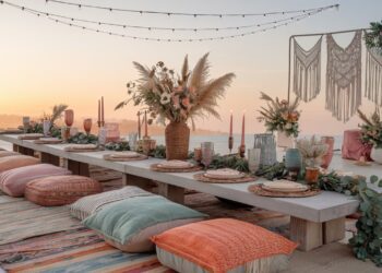 A bohemian-style outdoor dining setup at sunset exudes the ultimate Boho vibe. A low wooden table with colorful cushions, floral centerpieces, candles, and greenery graces the rooftop. String lights and a macramé wall hanging enhance this enchanting ambiance.