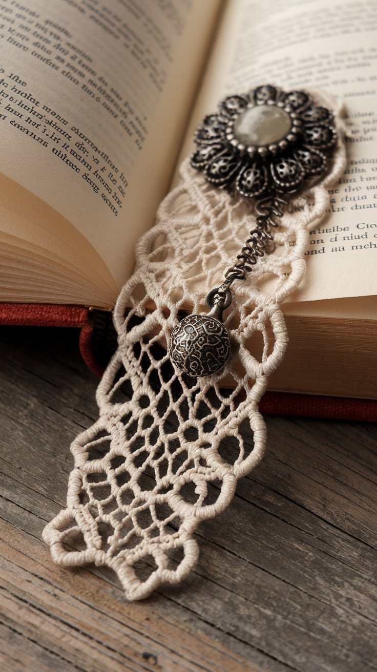 An open book rests on a wooden surface, adorned with a decorative lace bookmark that showcases creative bookmarks design—a metal flower and dangling charm. This personal touch nestles between the well-used pages, hinting at the stories within.