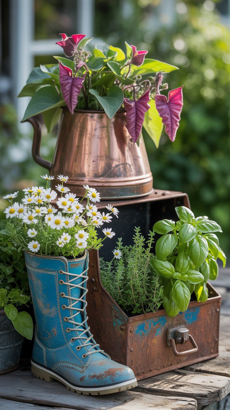 Repurpose everyday items like old boots, metal boxes, and kettles as creative planters for herbs and flowers—charming, budget-friendly ideas to add personality to your backyard garden.