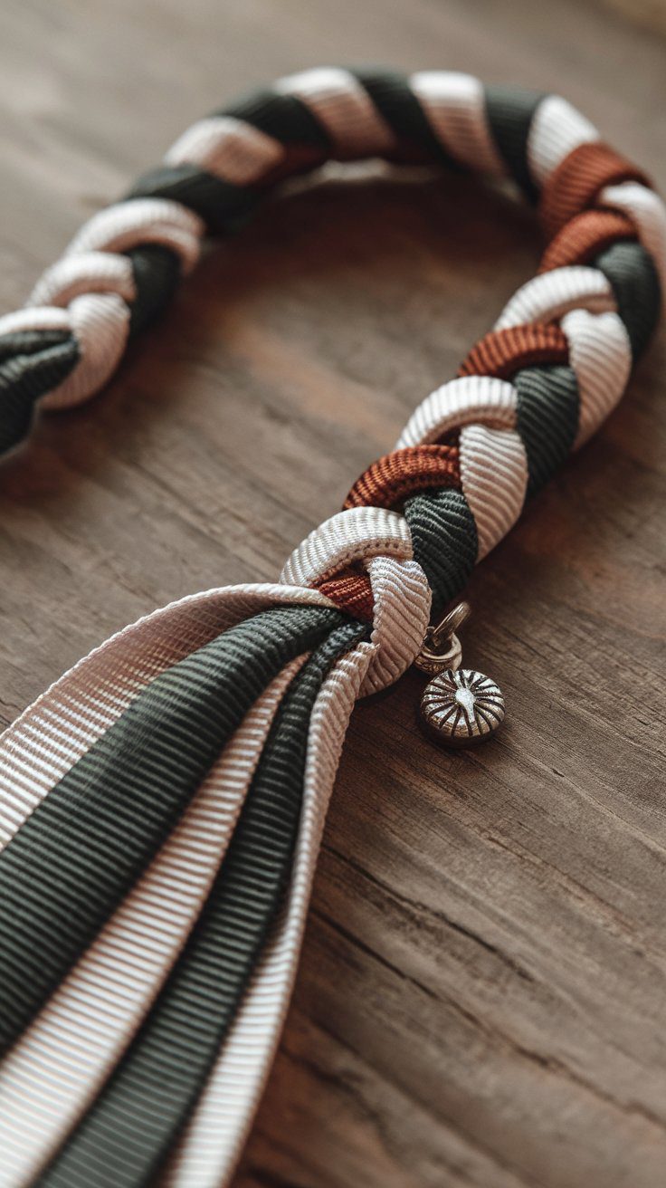 A braided cord with black, white, and brown strands rests on a wooden surface, exuding a personal touch. It features a small, textured silver charm attached near the braids end—a perfect creative bookmark idea.