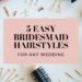Flat lay of hairstyling tools and accessories, including bobby pins, a comb, and flowers. Central text in a pink box reads: 5 Easy Bridesmaid Hairstyles for Any Wedding. Perfect for discovering beautiful wedding hairstyles that are effortlessly chic.