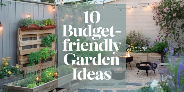 A cozy garden patio with string lights, a fire pit, wooden planters filled with various plants, and decorative gravel creates the perfect setting for a stunning backyard transformation. Text overlay reads 10 Budget-Friendly Garden Ideas.