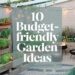 A cozy garden patio with string lights, a fire pit, wooden planters filled with various plants, and decorative gravel creates the perfect setting for a stunning backyard transformation. Text overlay reads 10 Budget-Friendly Garden Ideas.
