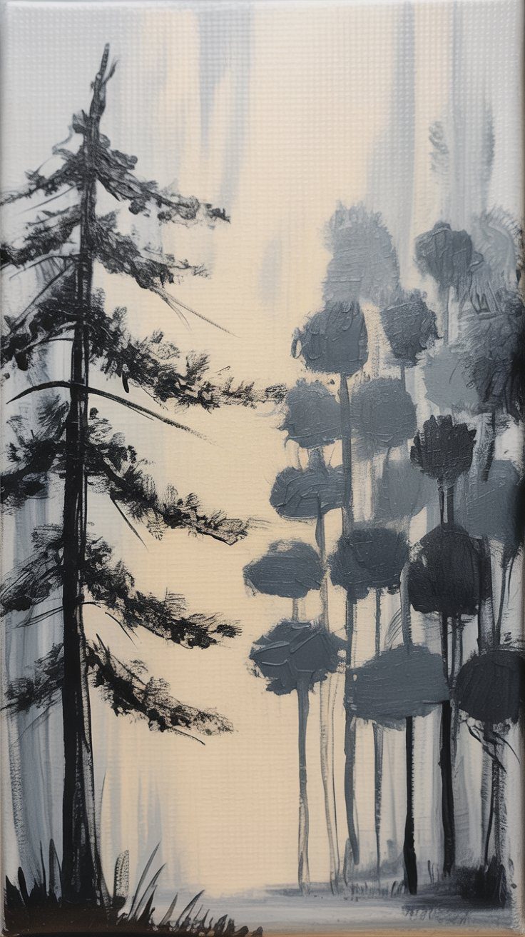 This tranquil monochromatic painting features slender trees with sparse leaves, rendered in dark, textured brushstrokes against a light background—an inspiring and accessible canvas art idea for beginners.