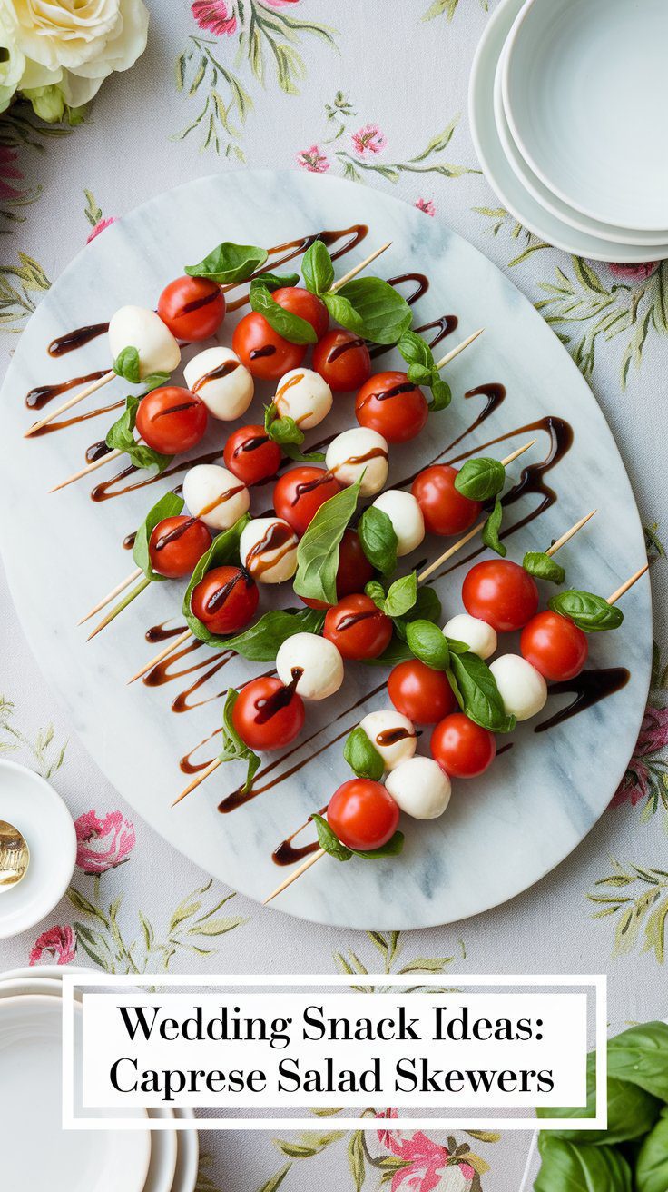 Caprese salad skewers on a marble platter, featuring cherry tomatoes, mozzarella balls, and fresh basil, drizzled with balsamic glaze—perfect for wedding snack ideas. The image includes a floral tablecloth, white plates, and the text Wedding Snack Ideas: Caprese Salad Skewers at the bottom.