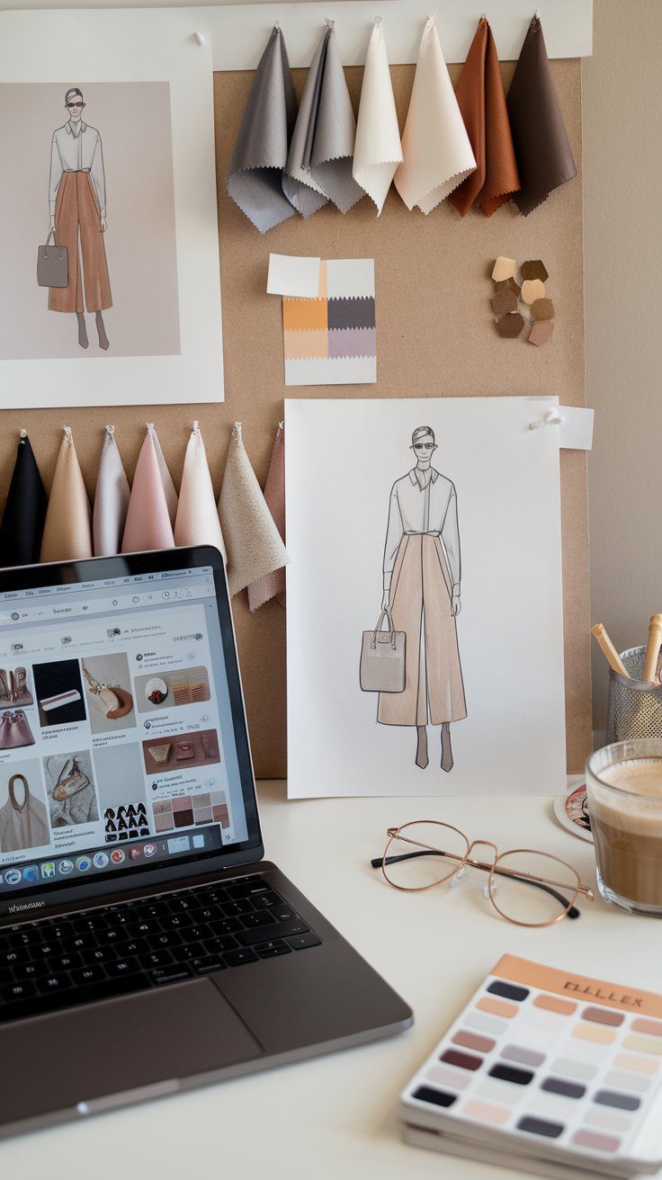 A fashion design workspace featuring fabric swatches pinned to a board, a fashion sketch of a woman in a blouse and wide pants, a laptop displaying fashion images, eyeglasses, color samples, and a glass of coffee on the table.