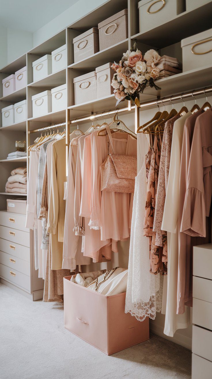 A walk-in closet with neatly organized shelves and hangers displaying soft pink and beige clothing. Boxes are on the upper shelves, and a floral arrangement adds decor. A pink storage box sits on the floor. The space is bright and elegant.