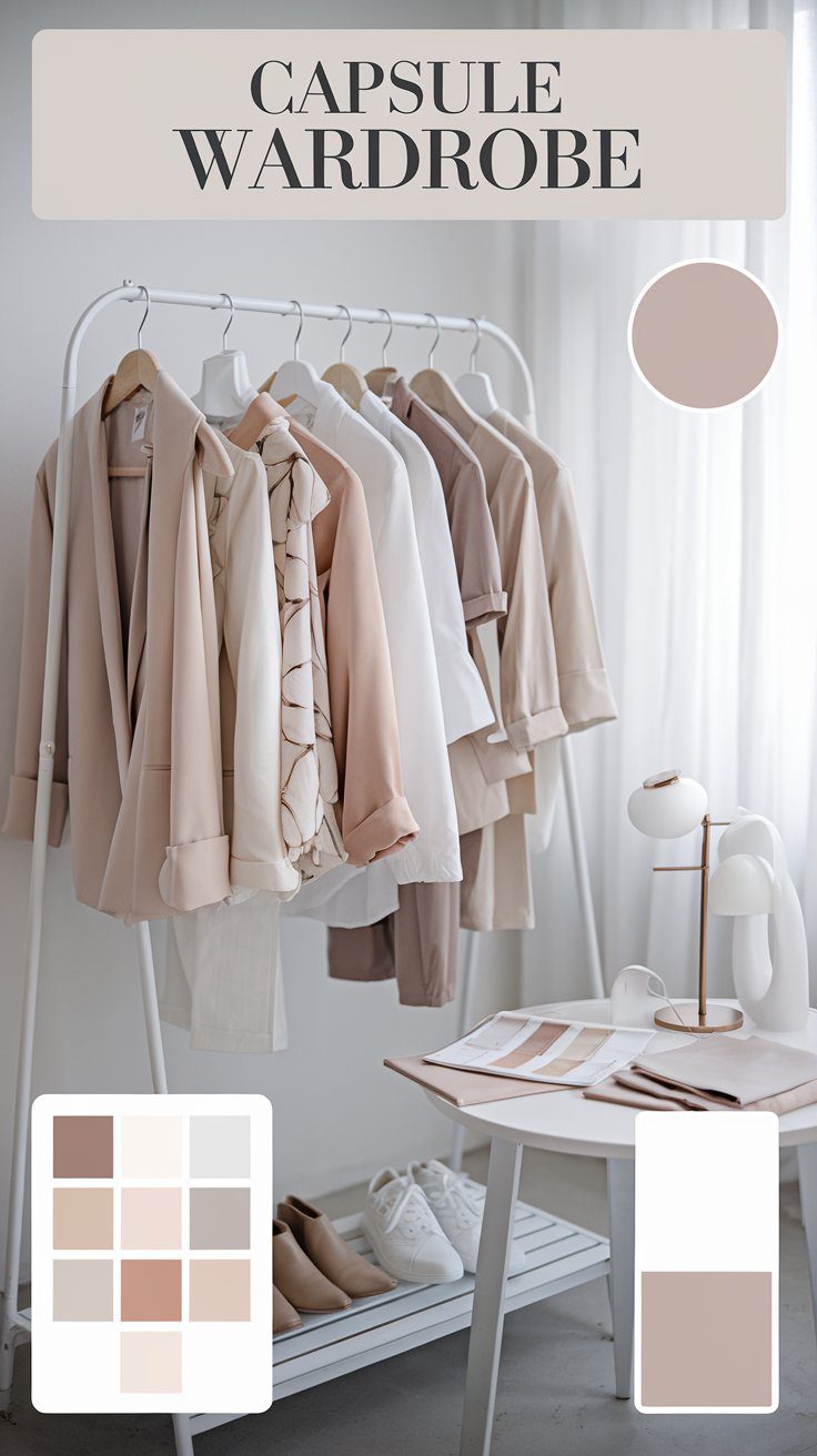 A minimalist capsule wardrobe display with neutral-toned clothing on a rack, including blazers and shirts. Nearby, a lamp and a palette with beige and cream shades. Below, coordinated shoes and a grid showing matching color swatches.