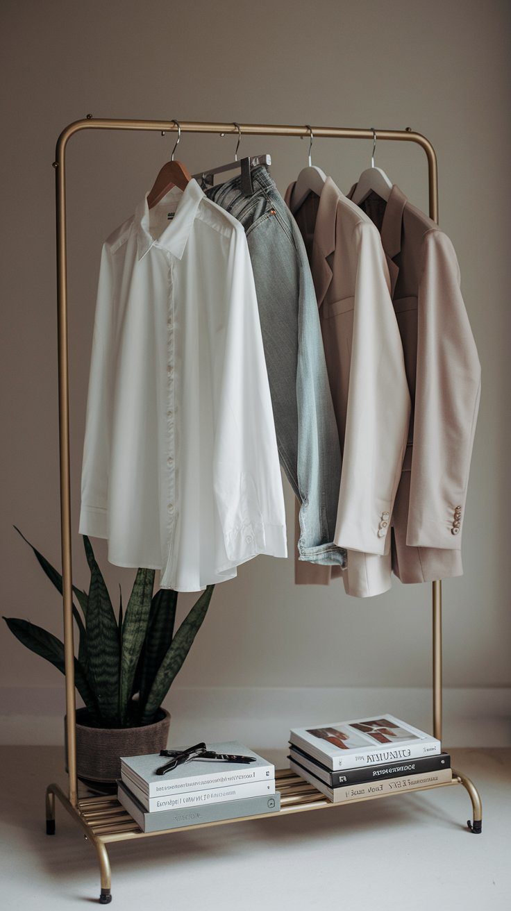 A clothing rack holds a white shirt, gray pants, and two beige blazers. Below, several stacked books sit beside a potted snake plant with green leaves. The setup is in a minimalistic interior with a neutral background.