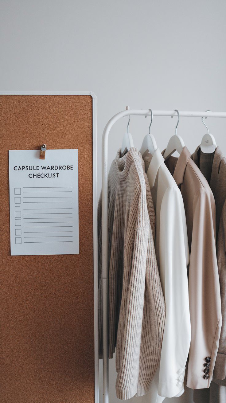 A capsule wardrobe on a rack with neutral-colored garments, including sweaters and blazers. A corkboard nearby displays a checklist titled Capsule Wardrobe Checklist but the items are blank. The background is a plain wall.