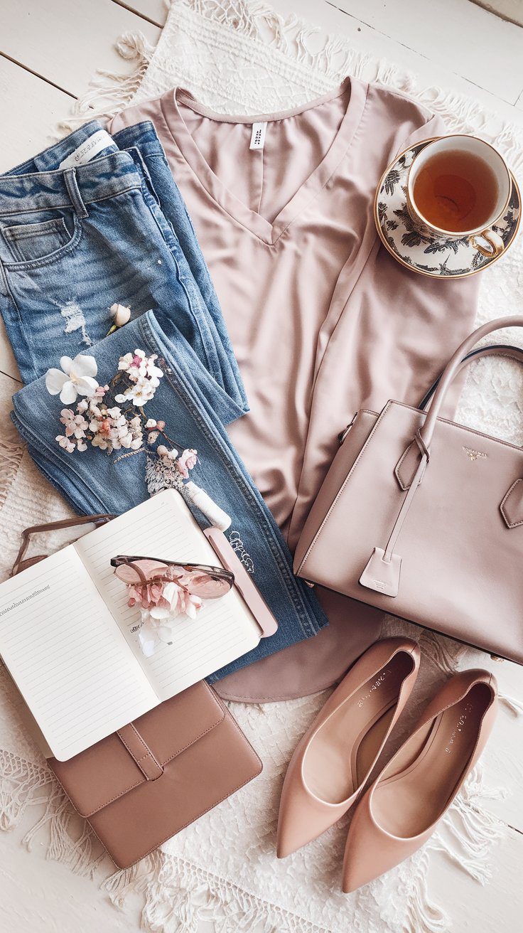 Flat lay of a stylish outfit: light pink blouse, blue jeans with floral embroidery, pink handbag, matching heels, a teacup, an open notebook with glasses, and a pink wallet, all arranged on a white rug.