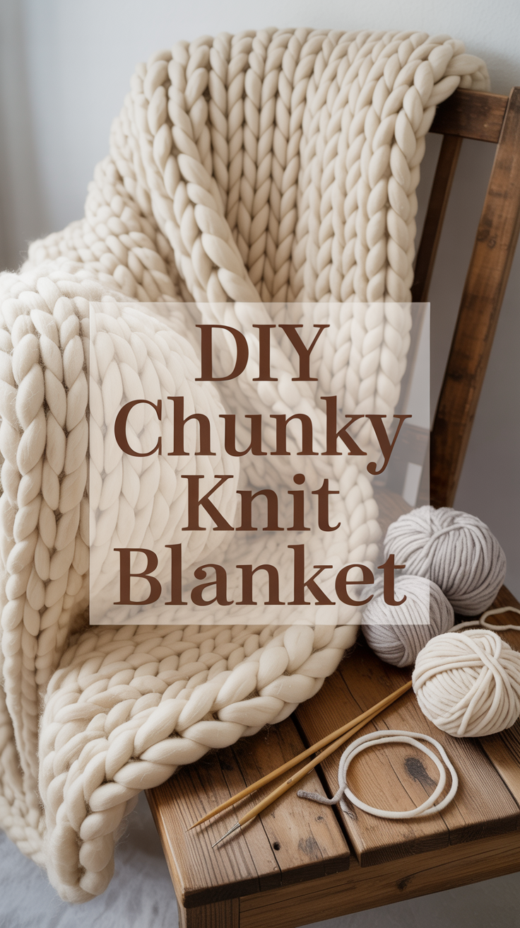 A cozy, cream chunky knit blanket hangs on a wooden chair with yarn and needles, "Chunky Knit Blanket" in bold at the center.