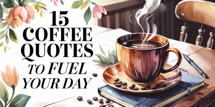 A steaming cup of coffee rests on a stack of books, surrounded by coffee beans. Floral decorations frame the image, embodying the perfect setting for inspiration. Text reads, 15 Coffee Quotes to Fuel Your Day.