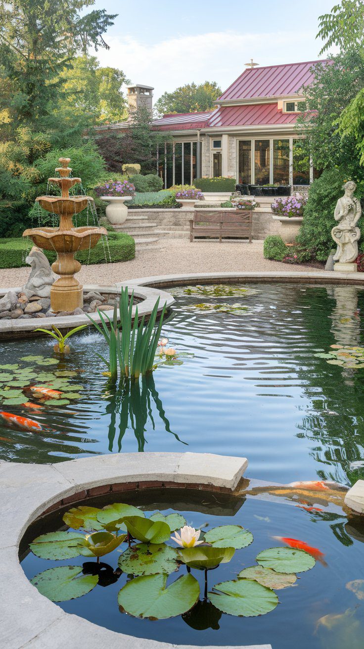 A serene garden scene featuring a pond with lily pads and koi fish in the foreground. A stone fountain stands nearby, and in the background, theres a rustic house with a red roof, flanked by lush greenery and statues.