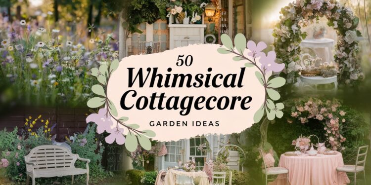 A collage of images featuring cottagecore garden decor, including wildflowers, a rustic bench, and an elegant outdoor table setting. Text reads, Transform Your Space: 50 Whimsical Cottagecore Garden Ideas, with floral accents surrounding a charming floral arch.