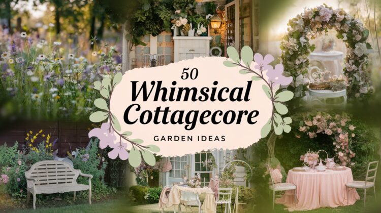 A collage of images featuring cottagecore garden decor, including wildflowers, a rustic bench, and an elegant outdoor table setting. Text reads, Transform Your Space: 50 Whimsical Cottagecore Garden Ideas, with floral accents surrounding a charming floral arch.