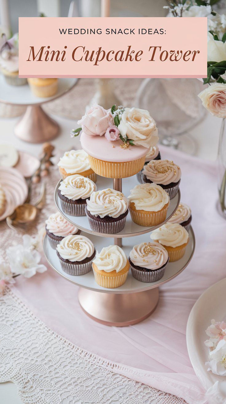 A tiered stand showcases a mini cupcake tower adorned with creamy swirls and delicate flowers on a lace tablecloth. A sign reads, Perfect Wedding Snacks: Mini Cupcake Tower. Pink and white roses elegantly decorate the table, completing the charming display.