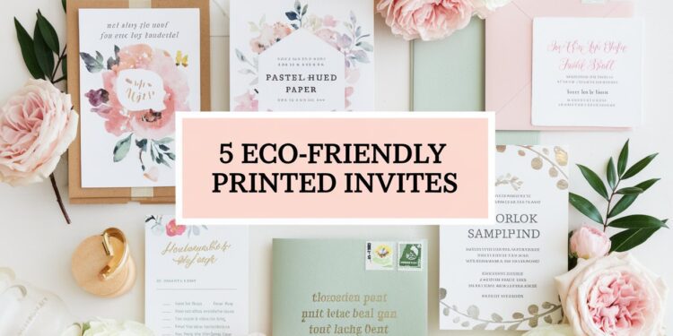 A flat lay of eco-friendly printed invites is artfully arranged. At the center, a pink box proudly displays 5 Eco-Friendly Printed Invites. Surrounding it, floral-themed invitations with green, pink, and white accents embrace nature’s beauty without waste, enhanced by decorative plant elements.