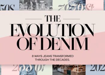 Text graphic titled The Evolution of Denim highlights 8 Ways Jeans Transformed Through the Decades. Against a backdrop showcasing each decade from the 1950s to the 2020s, images illustrate denims remarkable transformation over time.