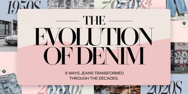 Text graphic titled The Evolution of Denim highlights 8 Ways Jeans Transformed Through the Decades. Against a backdrop showcasing each decade from the 1950s to the 2020s, images illustrate denims remarkable transformation over time.