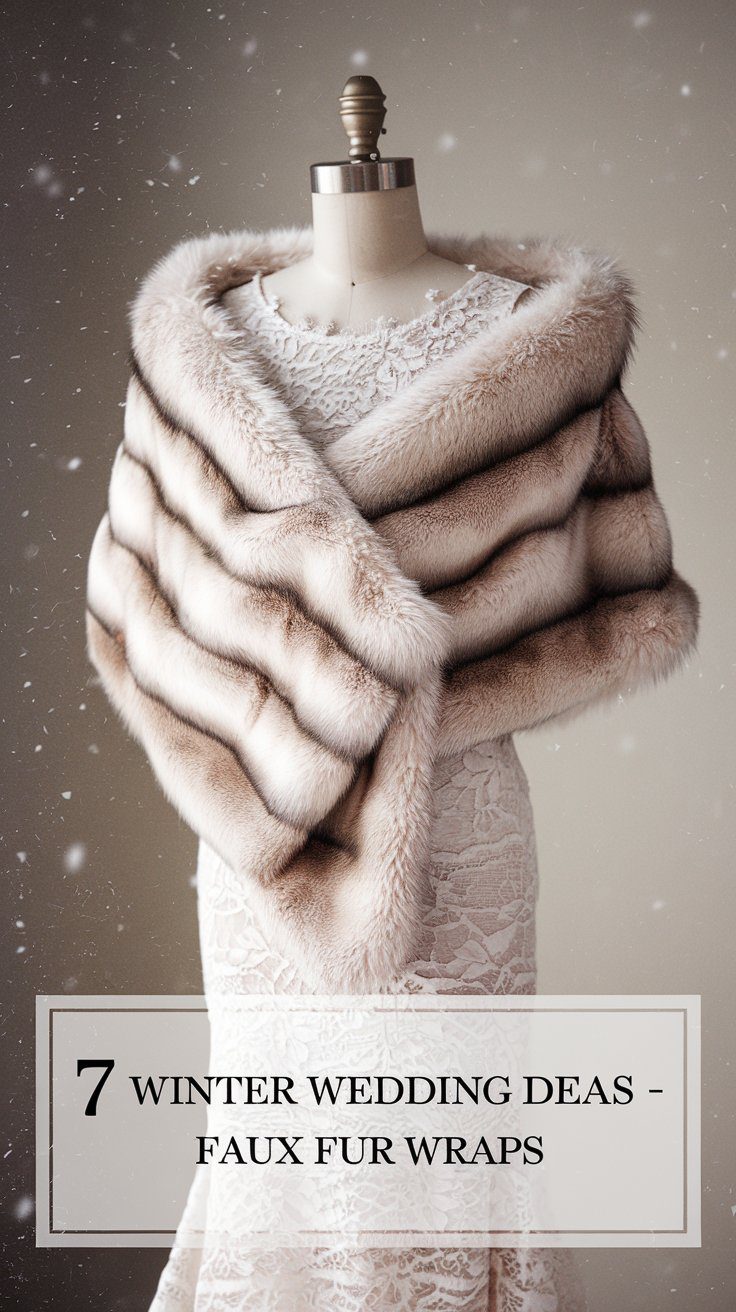 A mannequin in an elegant lace wedding dress is draped in a luxurious faux fur wrap. Snowflakes softly fall, creating a warm winter ambiance. Text at the bottom reads, 7 Winter Wedding Ideas - Faux Fur Wraps.