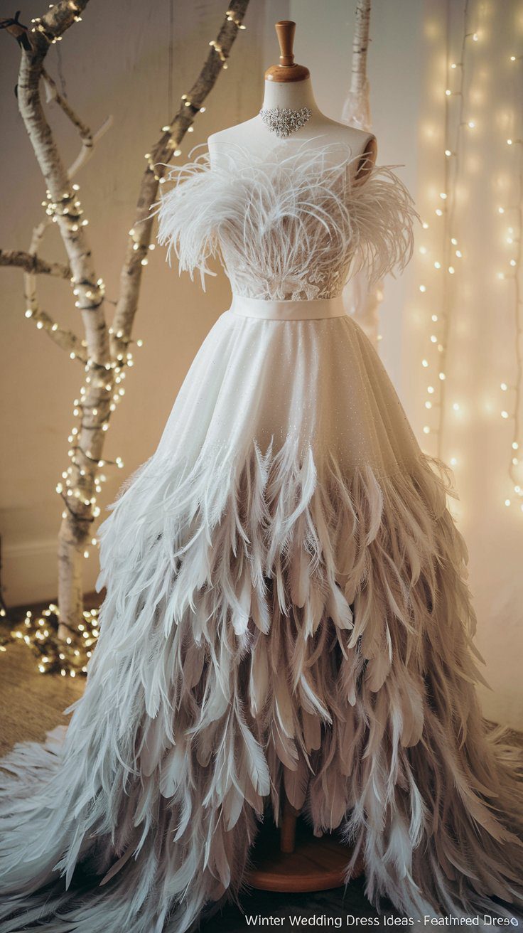 A mannequin displays an elegant white gown adorned with cascading feathers, creating a warm winter wedding look. The dress features an off-shoulder design with intricate feather details. Soft lighting and birch tree decorations complete the sophisticated setting.