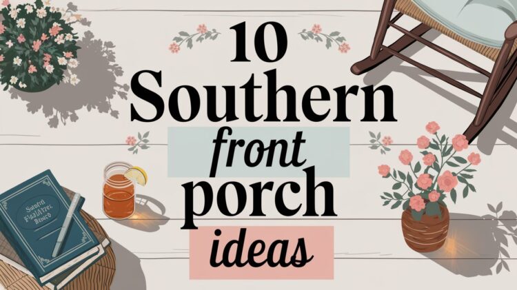 Illustrated text reads 10 Southern front porch ideas. The background highlights a rocking chair, a book, and a glass of iced tea with a lemon slice among blooming potted flowers, offering perfect home inspiration.