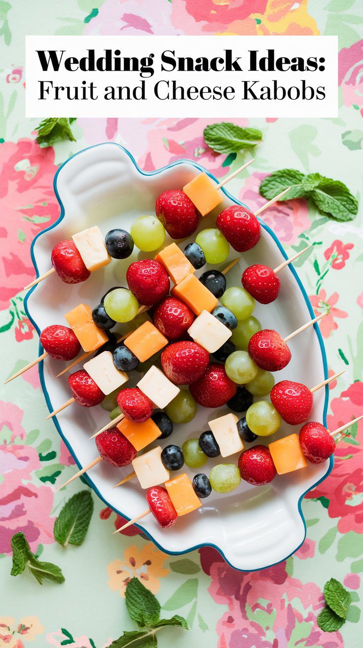 A dish of fruit and cheese kabobs featuring strawberry, blueberry, grape, and cheese cubes on skewers. The snack is set on a floral-patterned background with scattered mint leaves. Text reads: Wedding Ideas: Fruit and Cheese Kabobs.