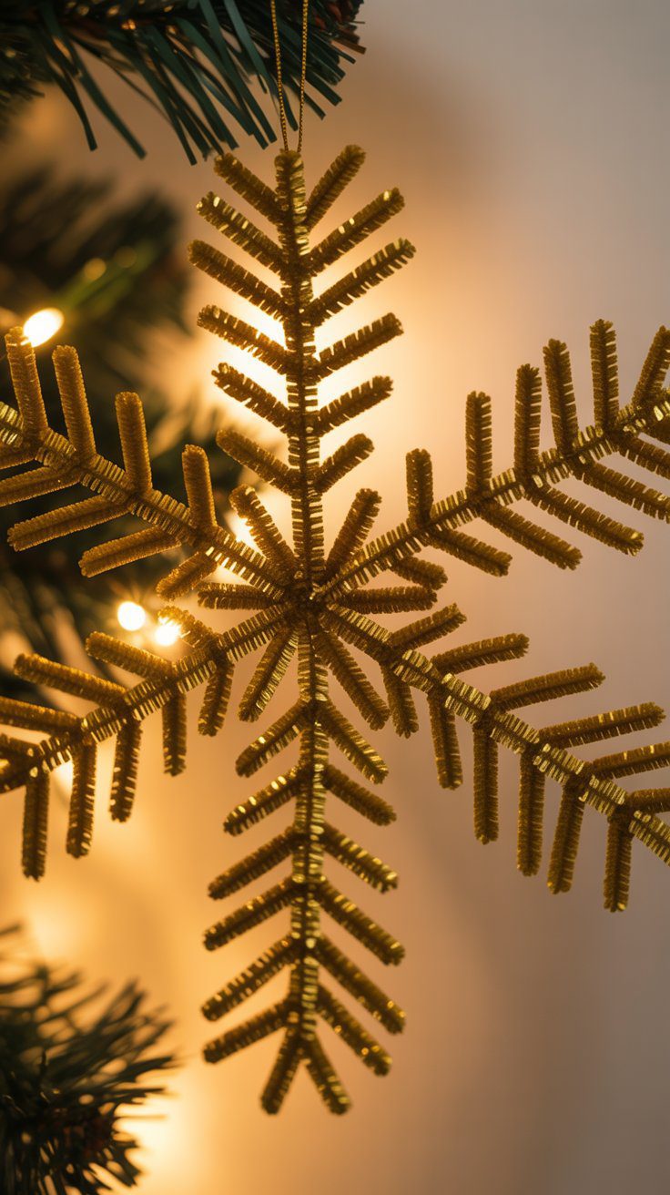 Golden ornaments dangle from a Christmas tree, bathed in the gentle glow of warm, festive lights behind them.