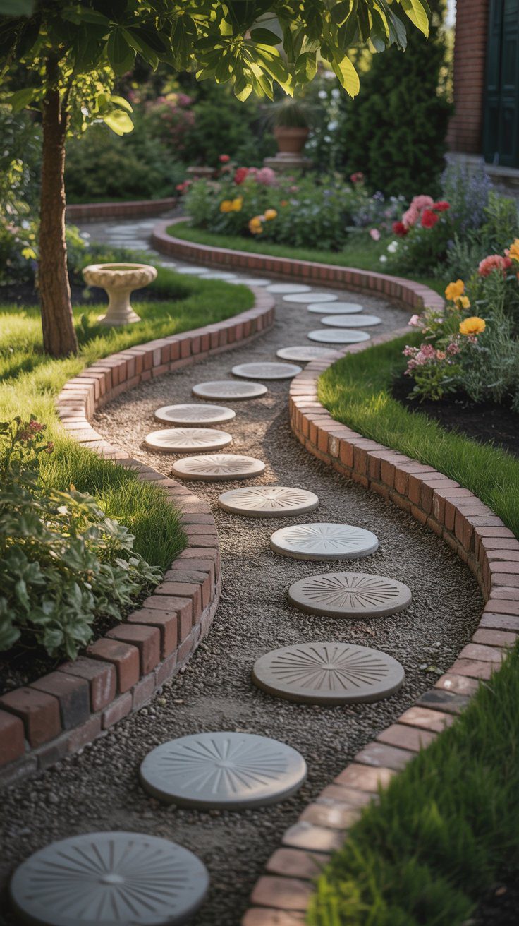 Transform your backyard with a charming garden path—winding stepping stones set in gravel and edged with red bricks, surrounded by lush grass, vibrant flowers, and tranquil accents like trees and a birdbath.