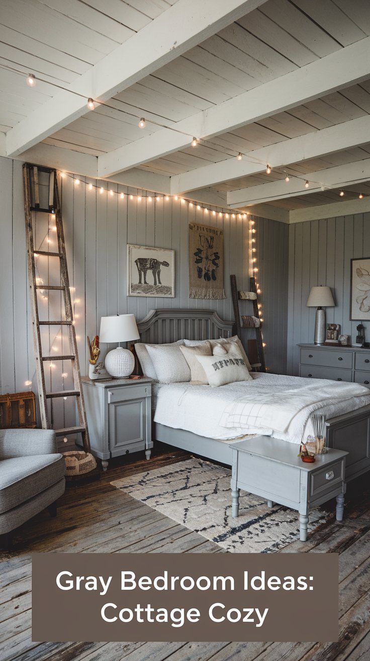 A cozy retreat, this elegant bedroom with gray walls features a large bed adorned with white bedding and surrounded by string lights. Rustic wooden beams and a ladder add charm, while a small lamp, framed artwork, and a gray armchair complete the cottage-style decor.