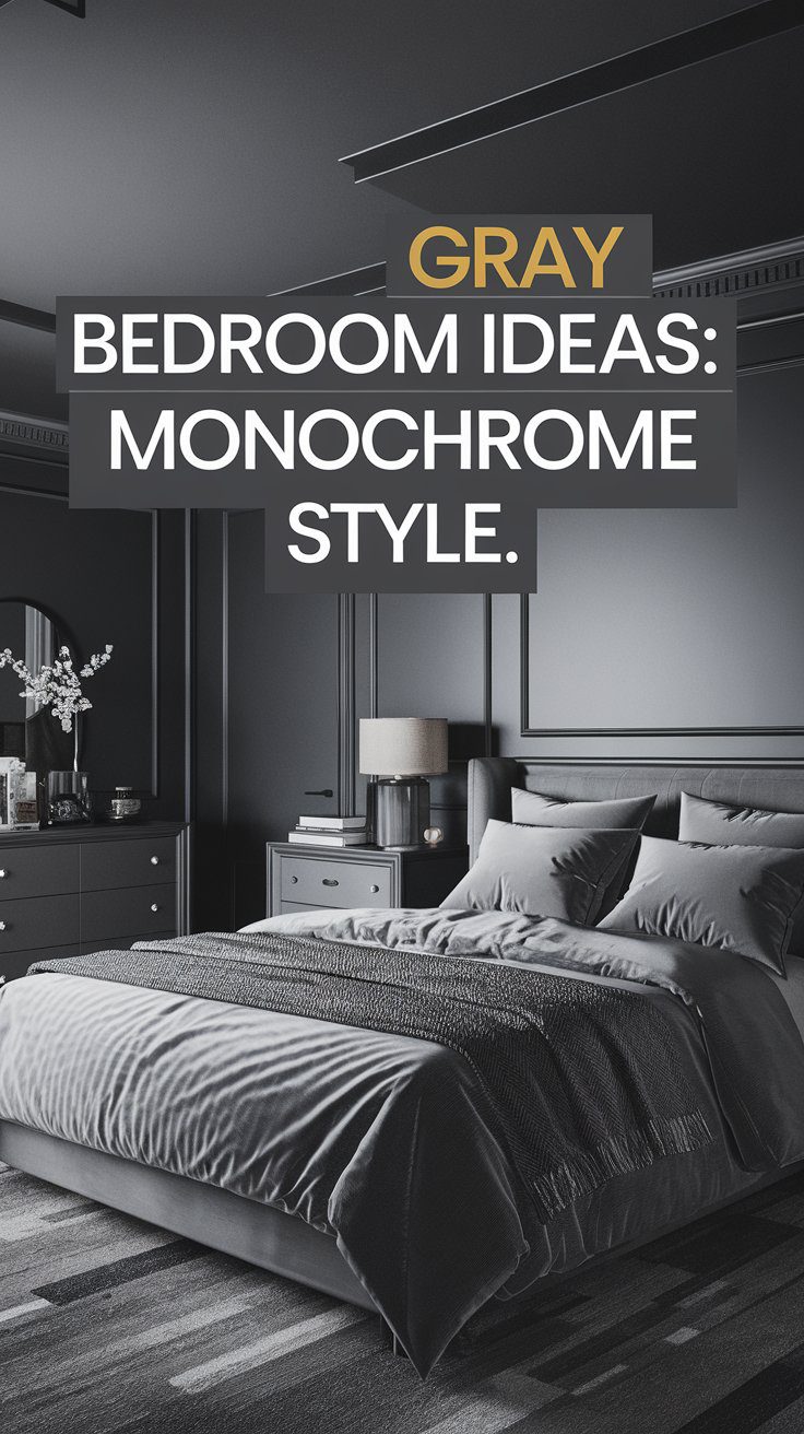 Monochrome gray bedroom with a modern design becomes an elegant retreat. Features a large bed with gray bedding, a dresser adorned with decorative items, and a rug. Walls and furniture showcase varied shades of gray. Text reads Gray Bedroom Ideas: Cozy Retreat in Monochrome Style.