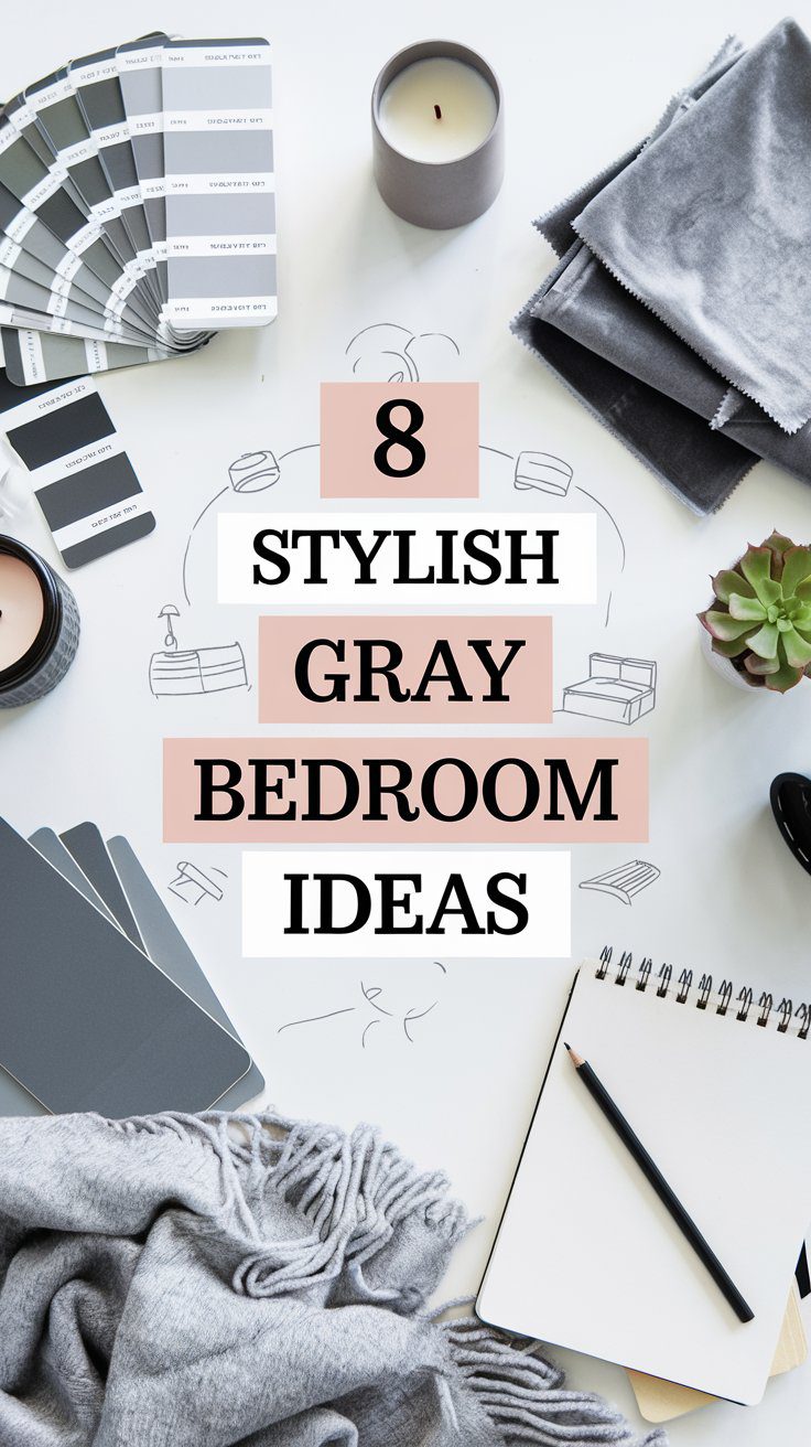 A flat lay of design materials for an elegant retreat, featuring fabric swatches, paint samples, a candle, a notebook with a pencil, and a small succulent. The text reads 8 Stylish Gray Bedroom Ideas on a light background.