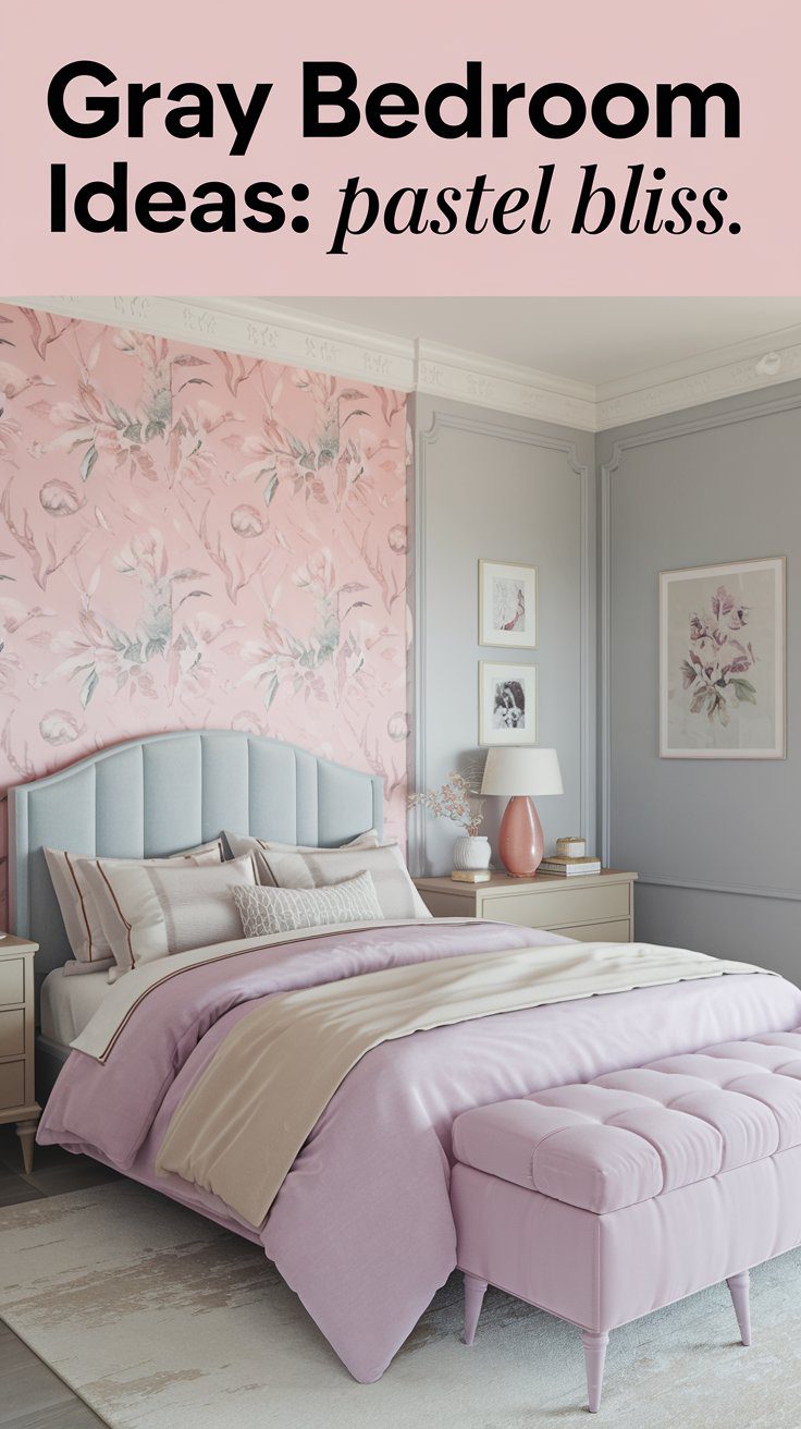 Elegant Retreat: A stylish bedroom in pastel tones features a gray wall on the left and a floral pink accent wall behind a cushioned bed with pastel bedding. A matching bench sits at the foot, while a lamp and framed art complete this elegant retreat.