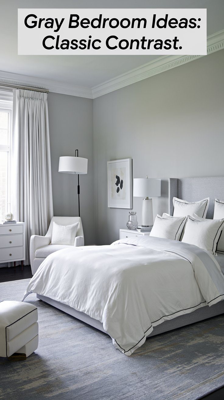 A cozy retreat with light gray walls and white bedding, this elegant space features a gray upholstered bed, matching ottoman, standing lamp, and white armchair. A dresser adorned with decor complements the curtains covering the window. Artwork adds charm to this stylish gray bedroom.