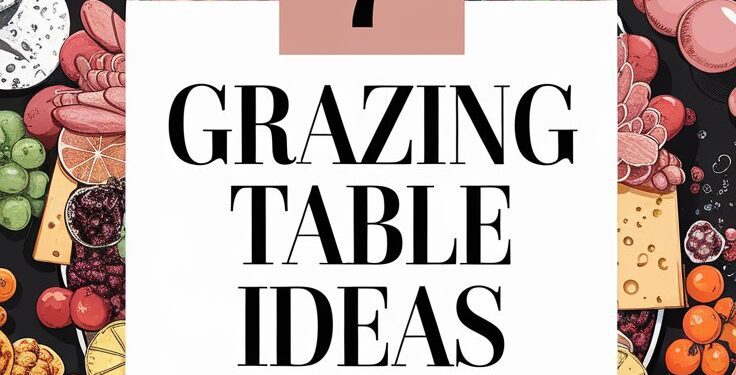 A colorful, show-stopping grazing table layout showcases assorted cheeses, fruits, and nuts, all surrounding a central text: 7 Grazing Table Ideas That Will Steal the Show at Your Next Party. Plates, cutlery, and glasses are symmetrically arranged to complement the display.