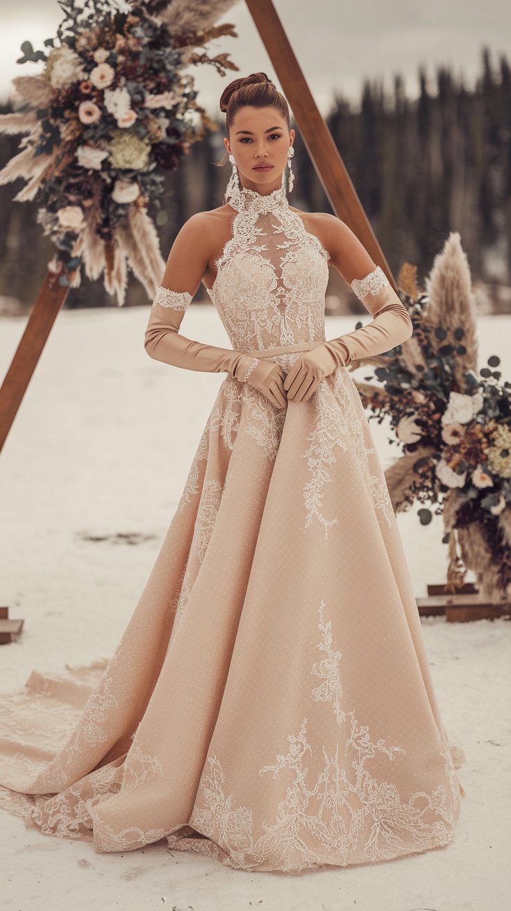 A woman stands in a snowy landscape, wearing an elegant winter wedding dress with lace embroidery, featuring a high neckline and long, matching gloves. She poses in front of a triangular wooden arch adorned with flowers and pampas grass.