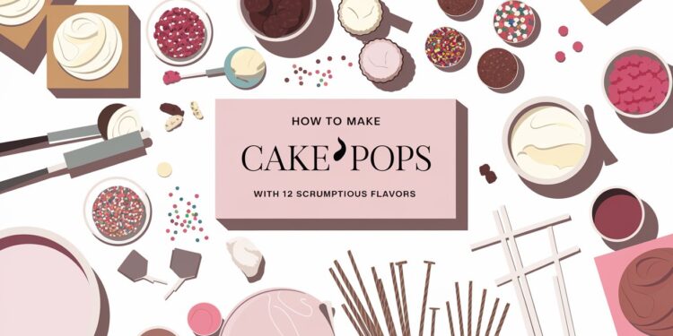 Illustration of a cake pop-making setup featuring various ingredients and tools, including bowls of frosting, sprinkles, cake balls, sticks, and a central guide titled How to Make Cake Pops with 12 Different Flavors.