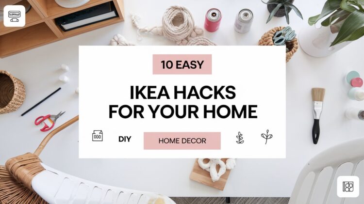 A flatlay showcasing decor items and craft materials on a table, with text: 10 Easy IKEA Hacks for Your Home. Icons and objects like a plant, paintbrush, scissors, and rope emphasize an easy DIY and home decor theme.