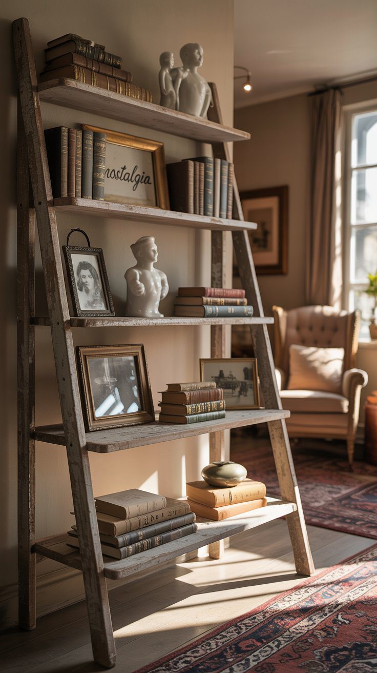 Cozy Sunlit Living Room Decor: Ladder Bookshelf Styling Ideas with Vintage Books, Art, and Ceramic Accents.
