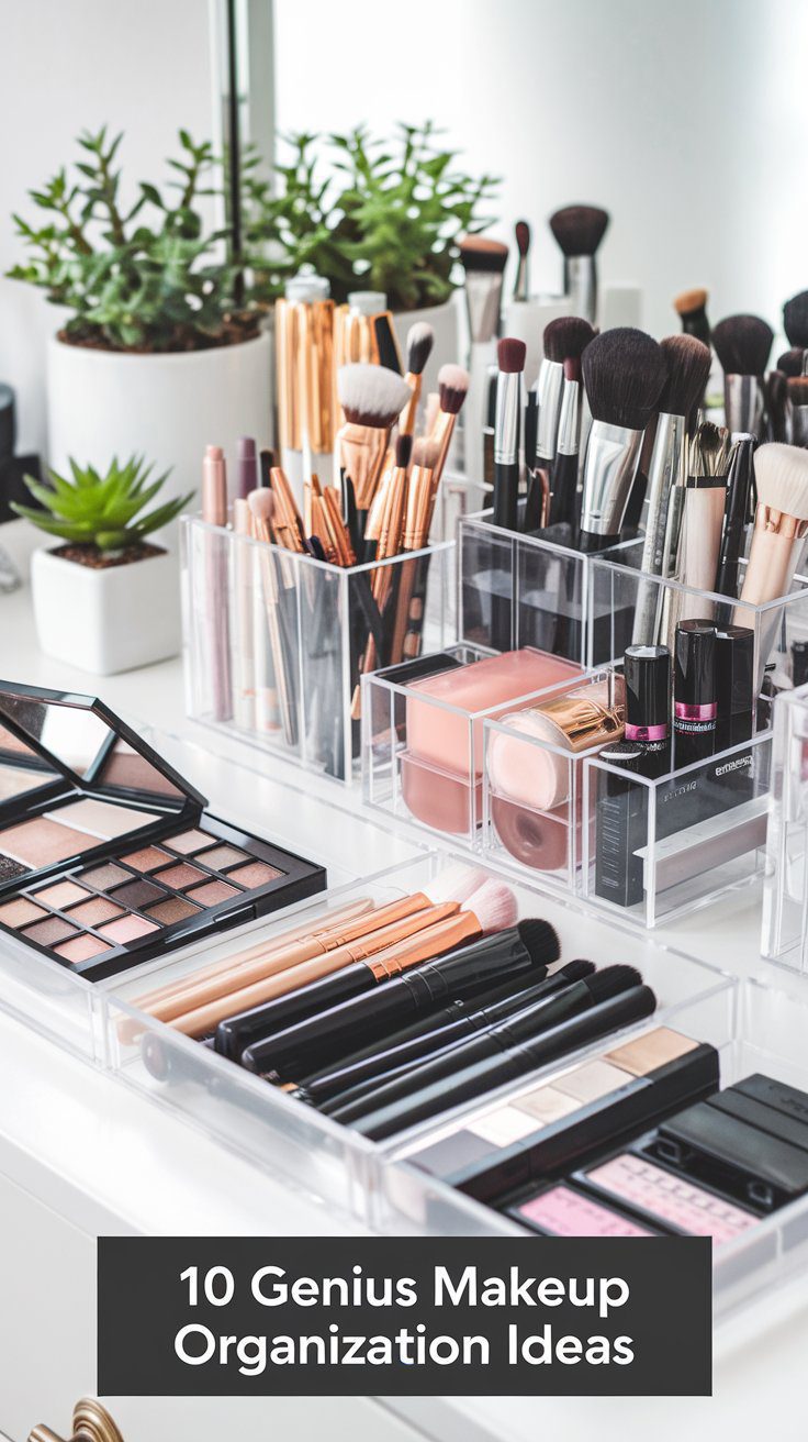 A makeup vanity beautifully organized with plastic holders showcases brushes, lipsticks, and palettes amid a backdrop of succulent plants. Text on the image says, 10 Genius Makeup Organization Ideas.