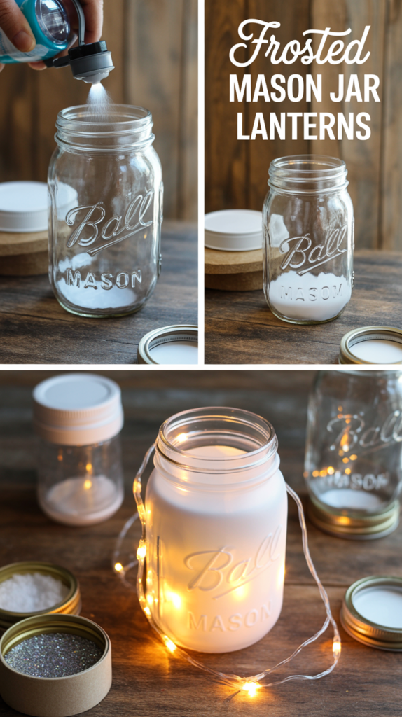 Step-by-step collage for making winter frosted mason jar lanterns—add powder, prep the jar, then admire its glowing lights.