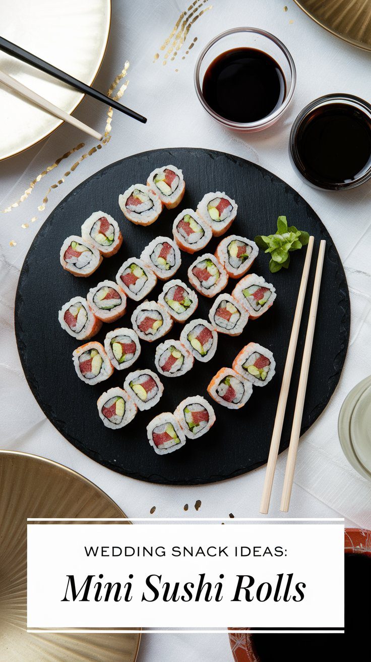 A slate platter with mini sushi rolls, garnished with wasabi, sits elegantly with chopsticks beside it. White and gold plates and soy sauce bowls surround the display. Text at the bottom reads: Wedding Snack Ideas: Perfect Wedding Snacks like Mini Sushi Rolls.