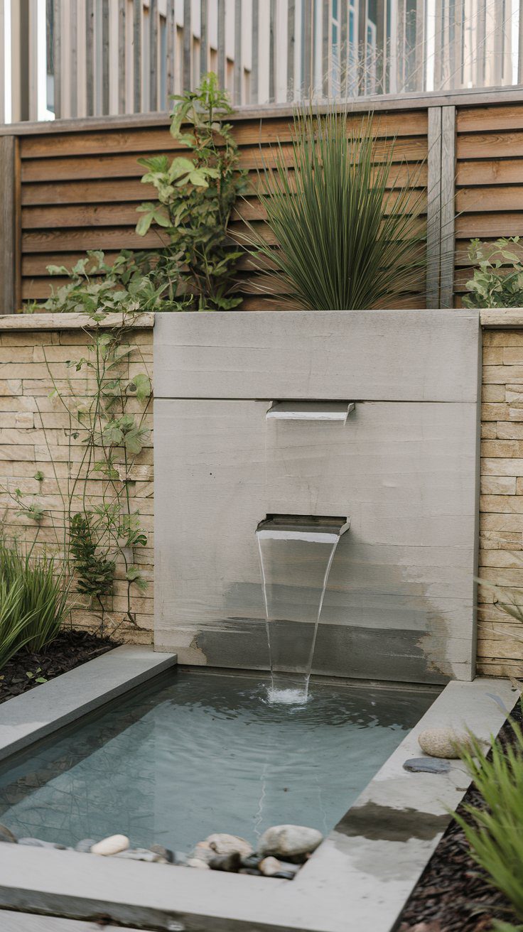 A modern garden water feature with two cascading waterfall spouts flowing into a rectangular pool. Surrounding the pool are stones and a variety of green plants. A wooden fence is in the background.