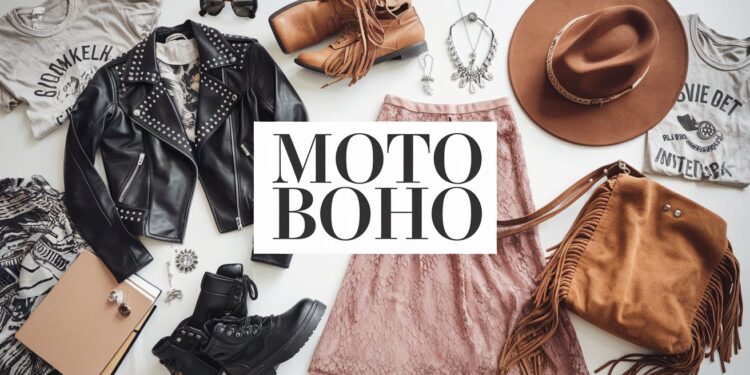 A flat lay of fashion items showcasing the trendiest look with a bohemian and motorcycle style twist. Featuring a studded leather jacket, lace skirt, fringe bag, brown hat, boots, sunglasses, and assorted jewelry. The text Moto Boho is artistically centered in the image.