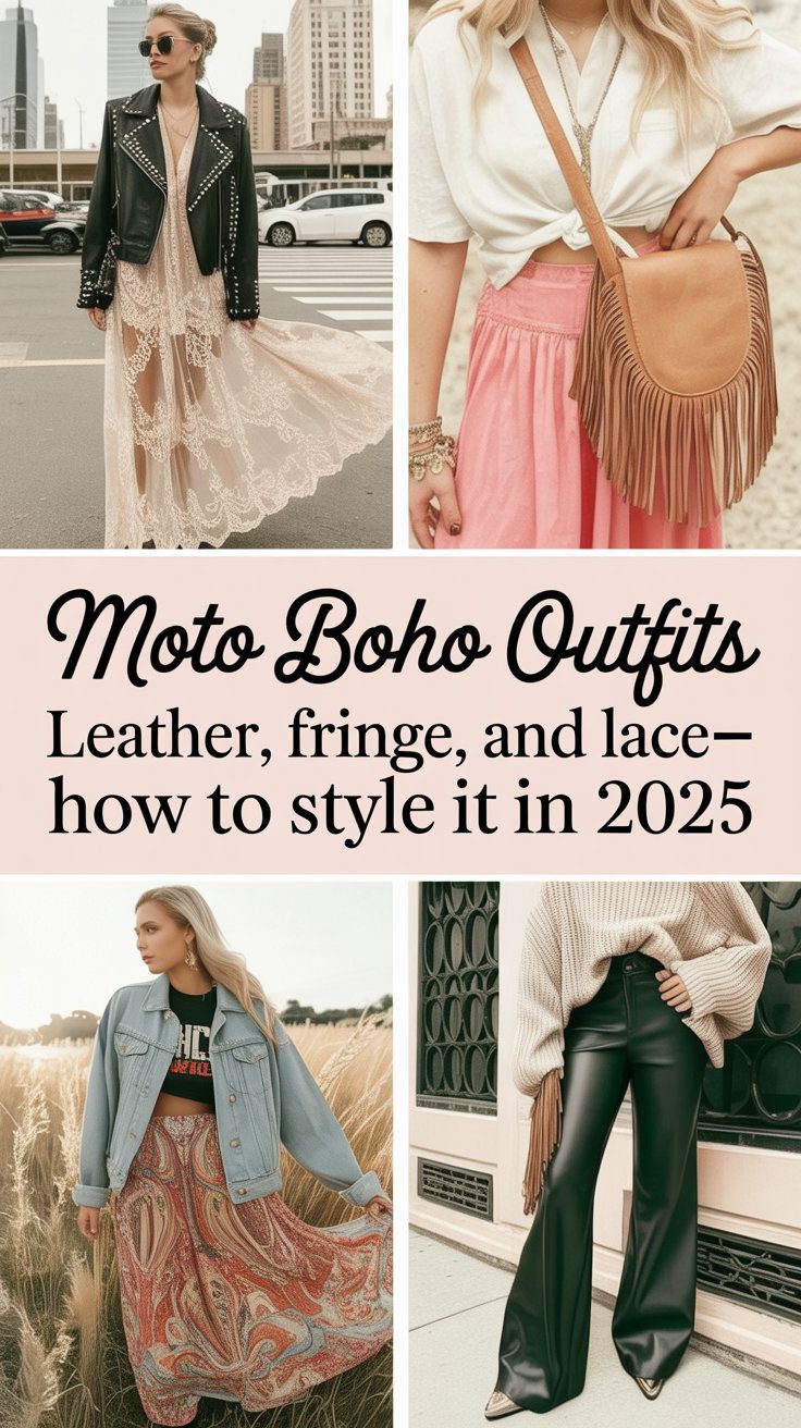Moto Boho fashion for 2025 blends edgy and bohemian styles, with women pairing leather, lace, fringe, paisley prints, and flared pants. Key looks include moto jackets over lace dresses, fringe accessories, denim with flowing skirts, and chunky sweaters—all celebrating a free-spirited yet bold aesthetic.